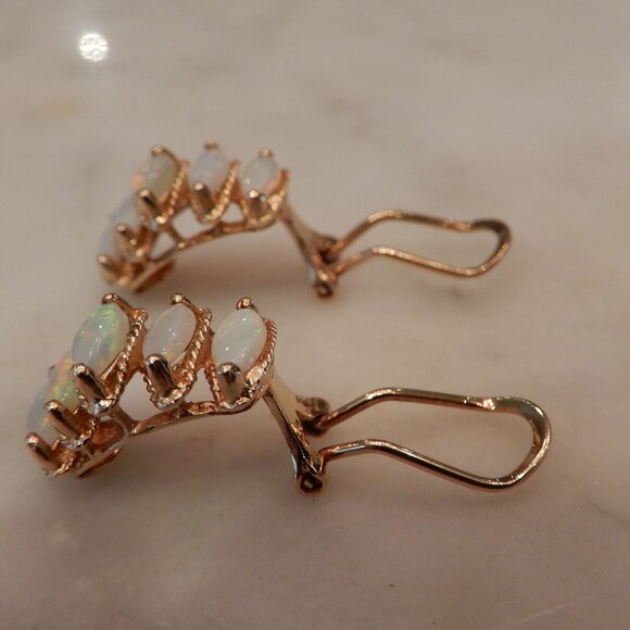Vintage 14 Karat Yellow Gold Opal Omega Backed Clip On Earrings - Picture 3 of 9